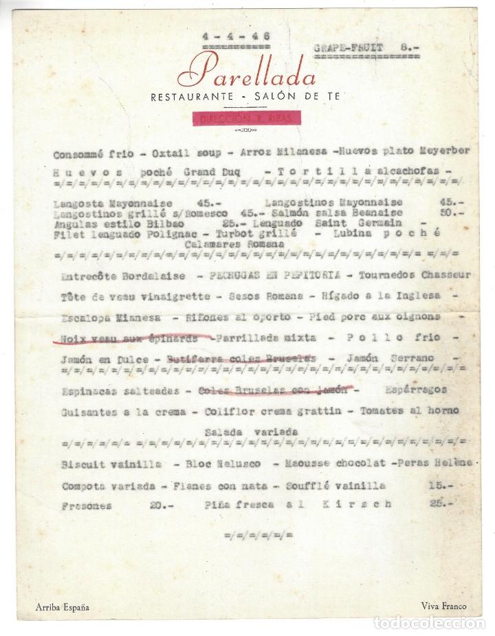 Coleccionismo: MEN&Uacute;- RESTAURANTE SAL&Oacute;N DE TE PARELLADA. GRAPE FRUIT. PIE DE P&Aacute;GINA ARRIBA ESPA&Ntilde;A, VIVA FRANCO- 1946