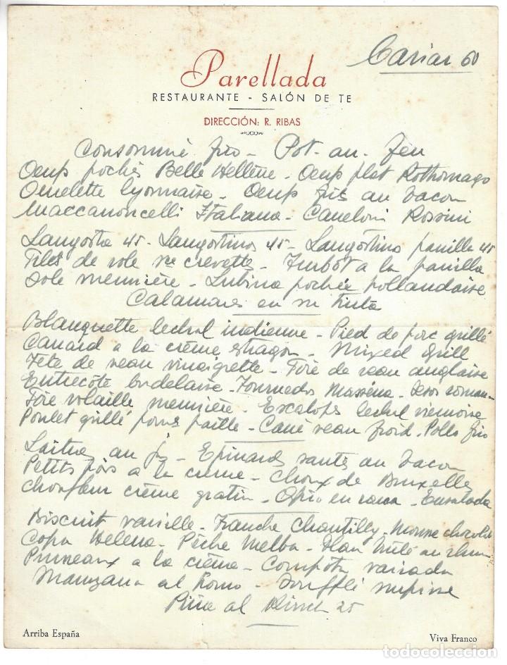 Coleccionismo: MEN&Uacute; ESCRITO A MANO.- RESTURANTE PARELLADA. CAVIAR 60. PIE DE P&Aacute;GINA ARRIBA ESPA&Ntilde;A, VIVA FRANCO