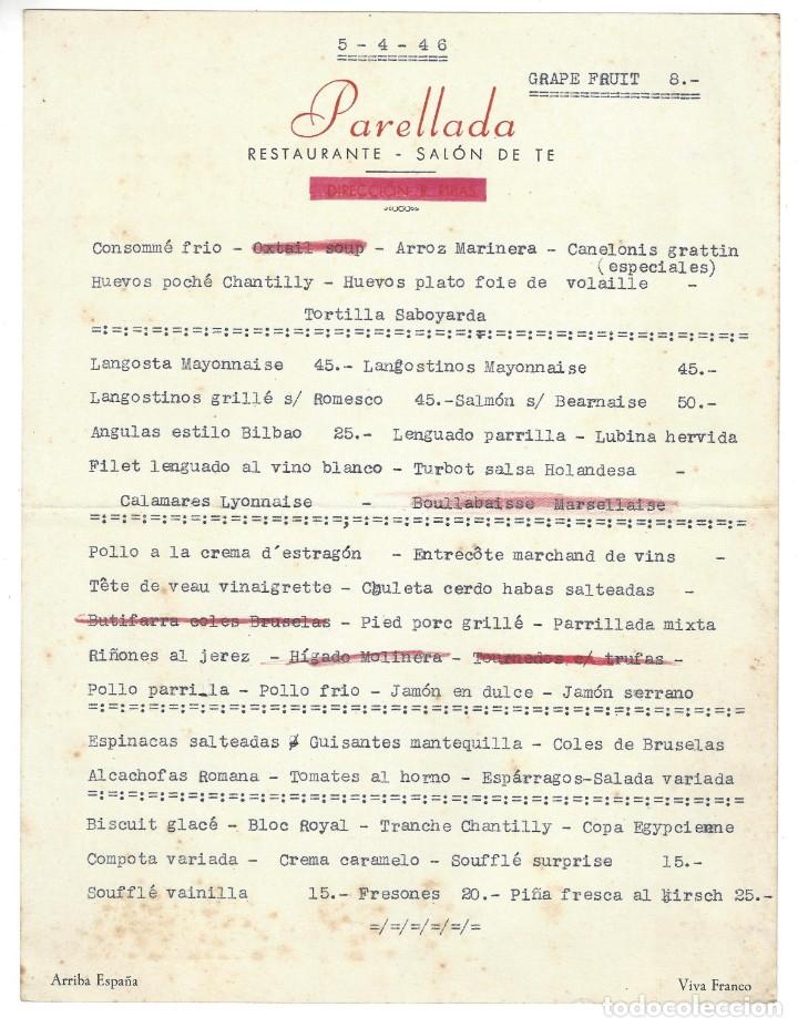 Coleccionismo: MEN&Uacute;.- RESTAURANTE PARELLADA. GRAPE FRUIT 8. PIE DE P&Aacute;GINA ARRIBA FRANCO, VIVA ESPA&Ntilde;A- 1946