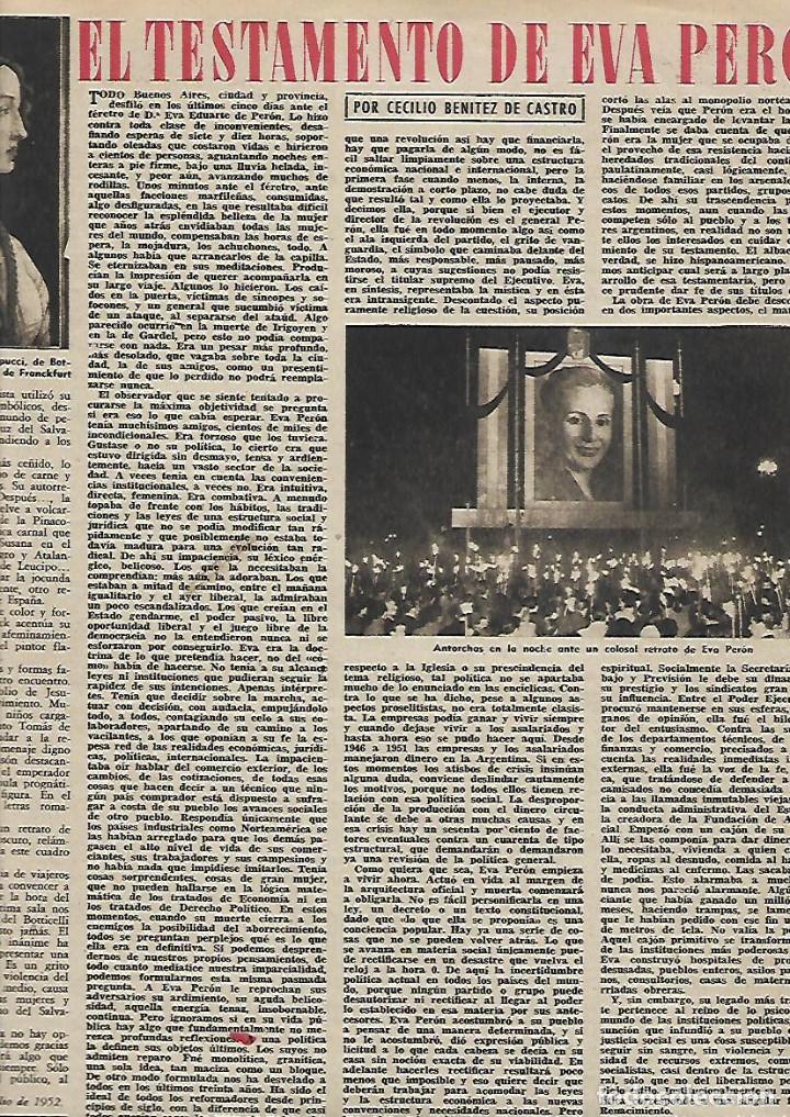 Sammelleidenschaft Papier: A&Ntilde;O 1952 RECORTE PRENSA EL TESTAMENTO DE EVA PERON EVITA