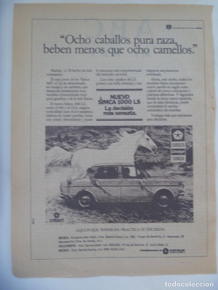 Coleccionismo: HOJA DE PERIODICO CON PUBLICIDAD DEL SIMCA 1000 LS, DE CHRYSLER . A&Ntilde;OS 70