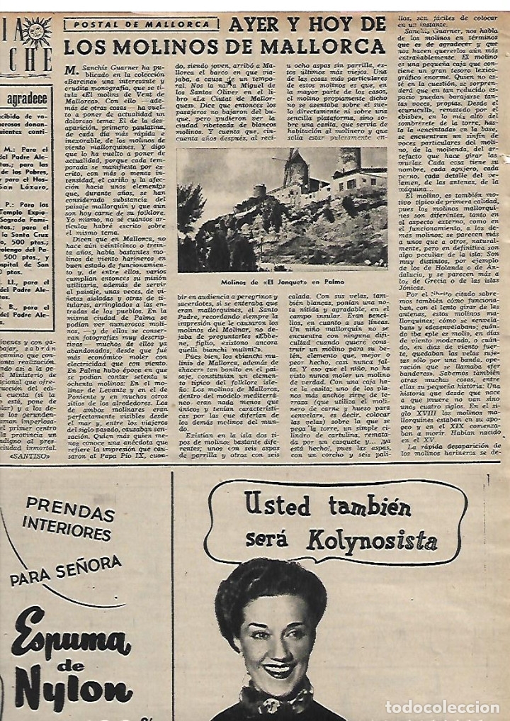 Collecting paper: A&Ntilde;O 1955 RECORTE PRENSA AYER Y HOY DE LOS MOLINOS DE MALLORCA MANACOR EL JONQUET