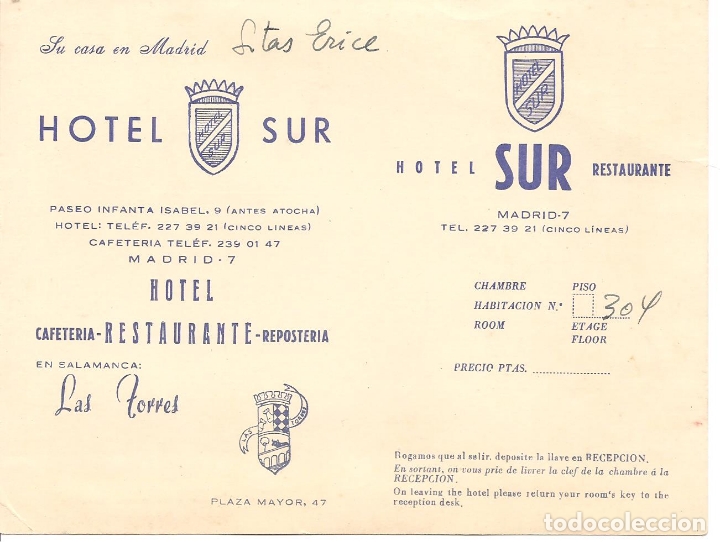 Coleccionismo: TARJETA CLIENTE-PUBLICIDAD, HOTEL SUR RESTAURANTE, MADRID, REVERSO TARIFA PRECIOS