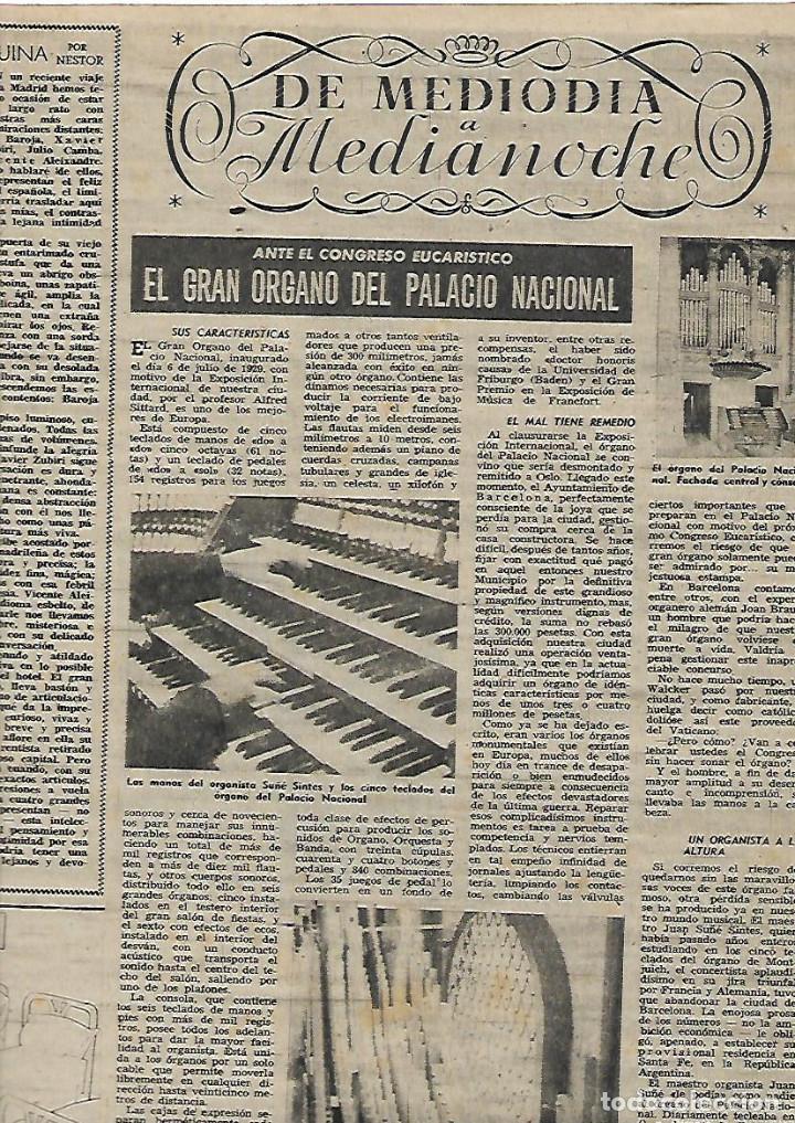 Coleccionismo: A&Ntilde;O 1952 RECORTE PRENSA BARCELONA GRAN ORGANO DEL PALACIO NACIONAL SU&Ntilde;E SINTES ORGANISTA