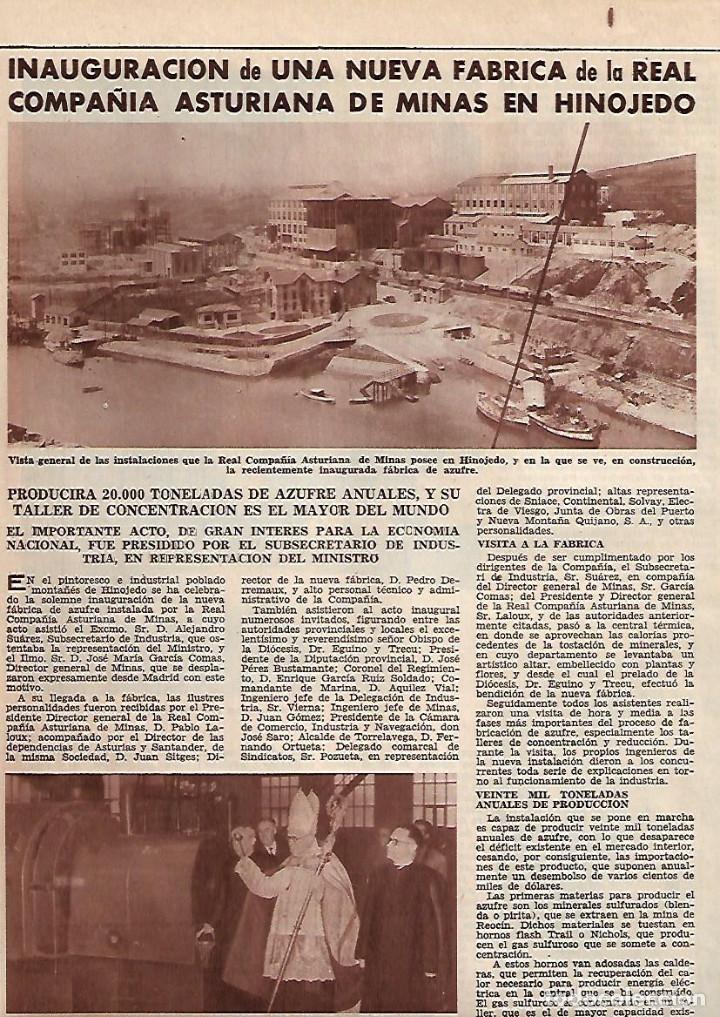 Collezionismo: A&Ntilde;O 1955 RECORTE PRENSA HINOJEDO  INAUGURACION FABRICA REAL COMPA&Ntilde;IA ASTURIANA DE MINAS