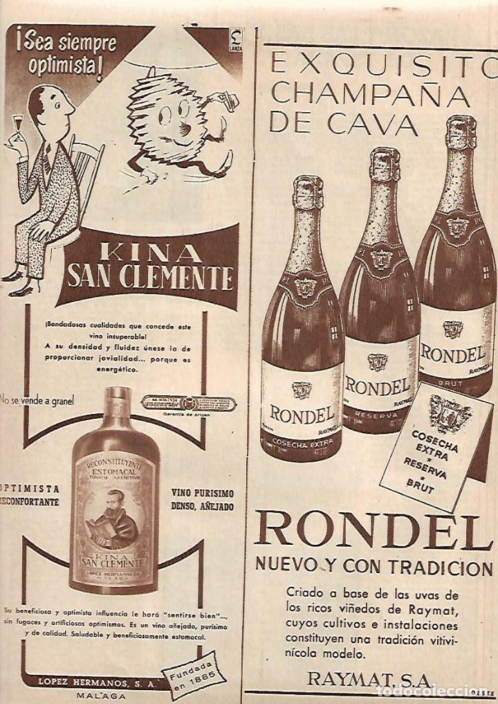 Collezionismo: A&Ntilde;O 1957 RECORTE PRENSA PUBLICIDAD BEBIDAS KINA SAN CLEMENTE LOPEZ HERMANOS MALAGA RONDEL CAVA