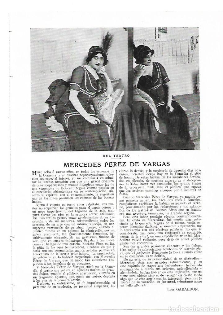 Collectionnisme: A&Ntilde;O 1913 RECORTE PRENSA MERCEDES PEREZ DE VARGAS ACTRIZ ARTISTA TEATRO