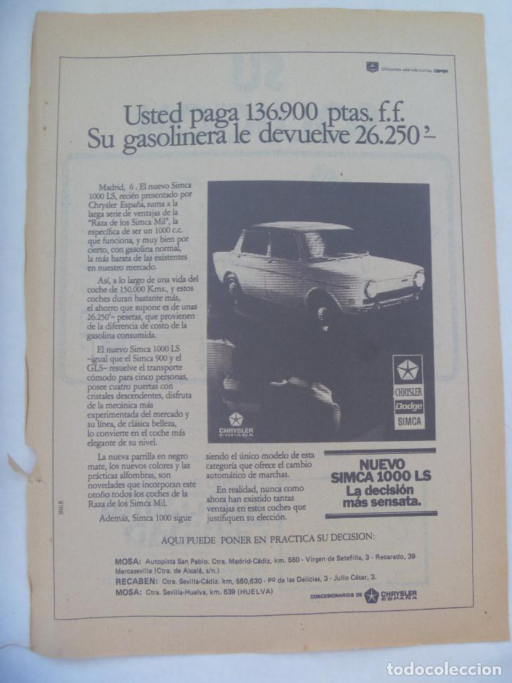 Coleccionismo: HOJA DE PERIODICO CON PUBLICIDAD DEL COCHE SIMCA 1000 LS, DE CHRYSLER