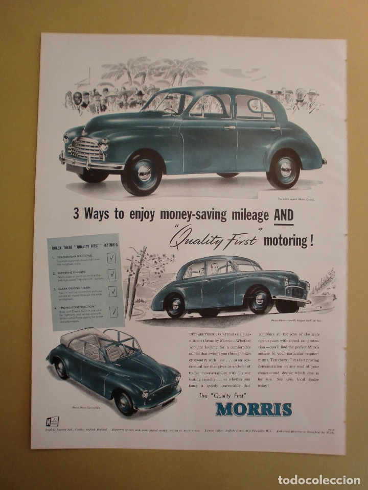 Coleccionismo: CHEK THE QUALITY FIRST MORRIS OXFORD MINOR CONVERTIBLE - SEAGRAM&acute;S V.O. WHISKY-  19 MAYO 1952