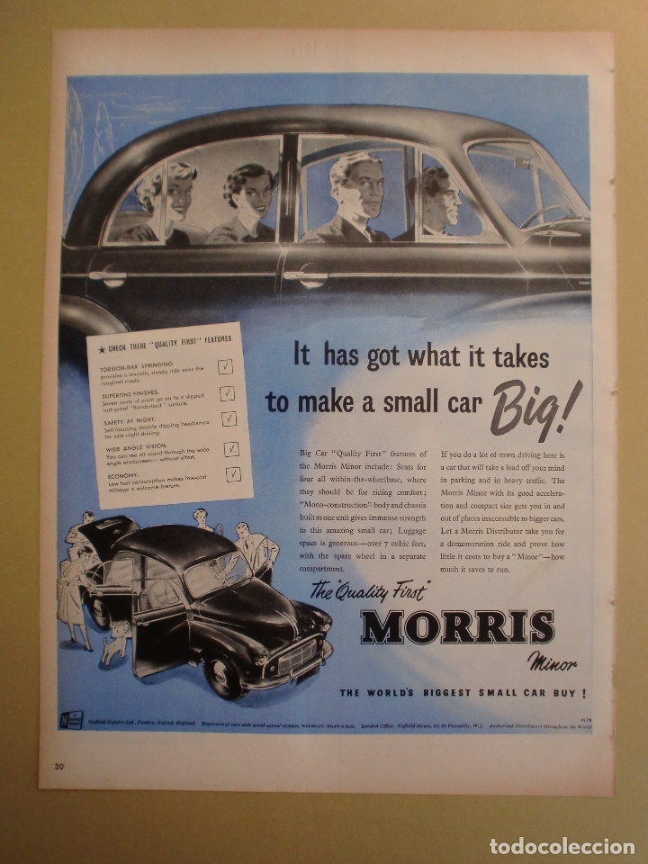 Coleccionismo: CHEK THE QUALITY FIRST MORRIS MINOR - VEEDOL MOTOR OIL - 19 MAYO 1952