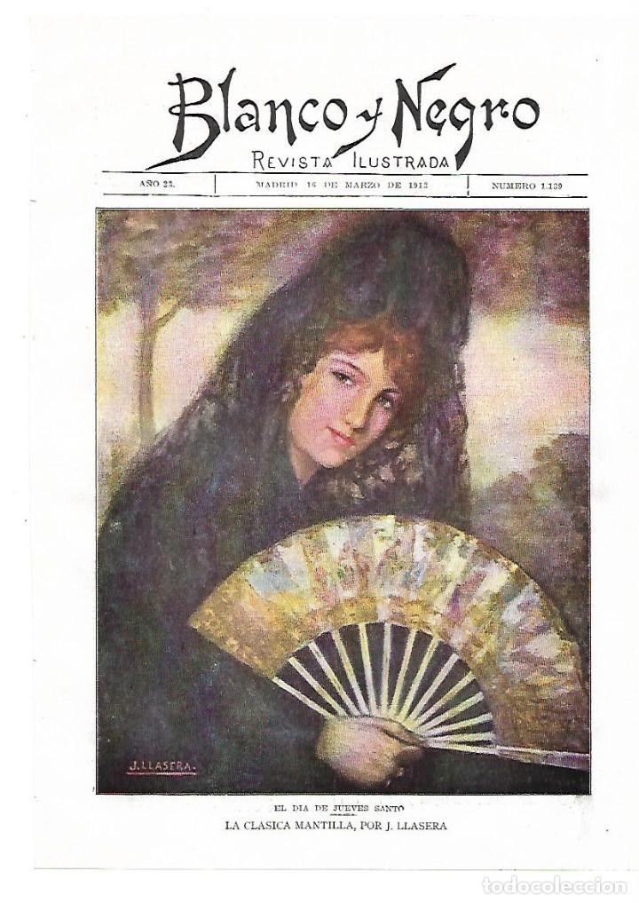 Collectionnisme: A&Ntilde;O 1913 RECORTE PRENSA PINTURA LAMINA REPRODUCCION JOSE LLASERA LA CLASICA MANTILLA JUEVES SANTO