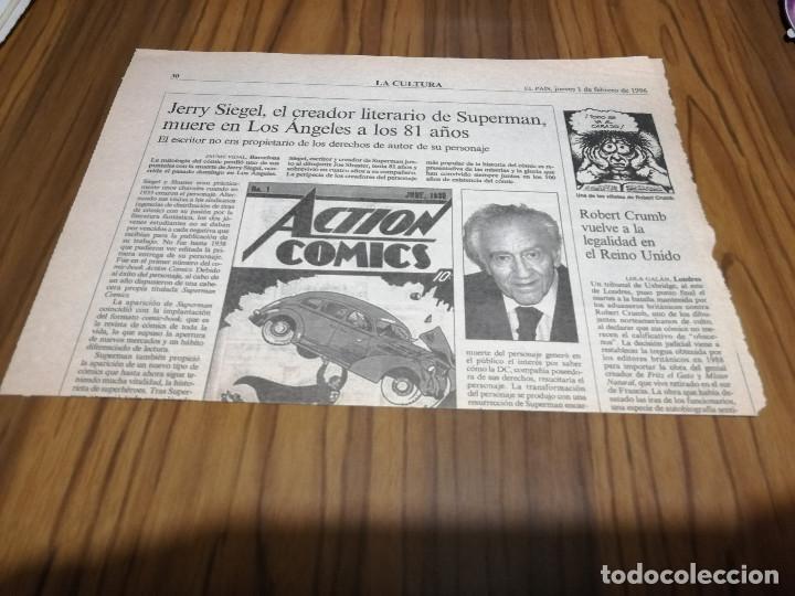 Collectionnisme: ART&Iacute;CULO DE EL PAIS DE 1 FEBRERO 1996 SOBRE LA MUERTE DE JERRY SIEGEL, SUPERMAN. DOBLADO. BUEN ESTAD