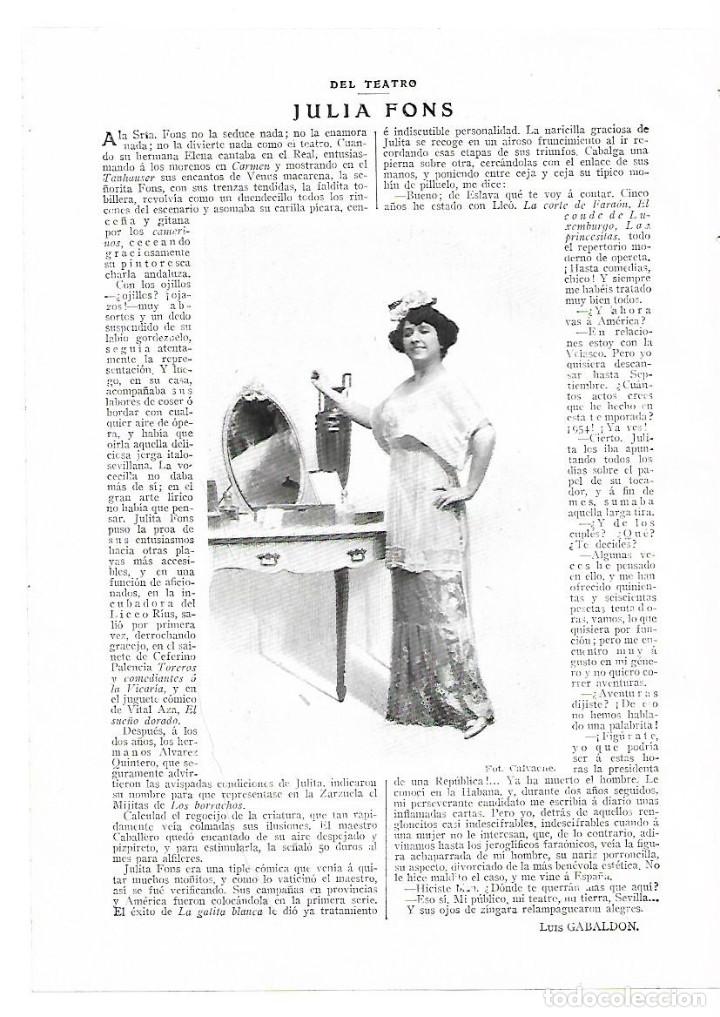 Colecionismo: A&Ntilde;O 1913 RECORTE PRENSA TEATRO JULIA FONS ACTRIZ ARTISTA