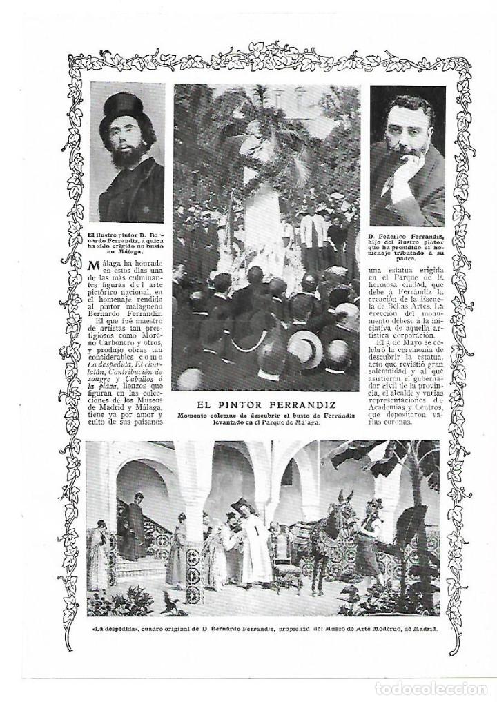Collezionismo: A&Ntilde;O 1913 RECORTE PRENSA PINTURA PINTOR FERRANDIZ CUADRO LA DESPEDIDA BUSTO PARQUE MALAGA