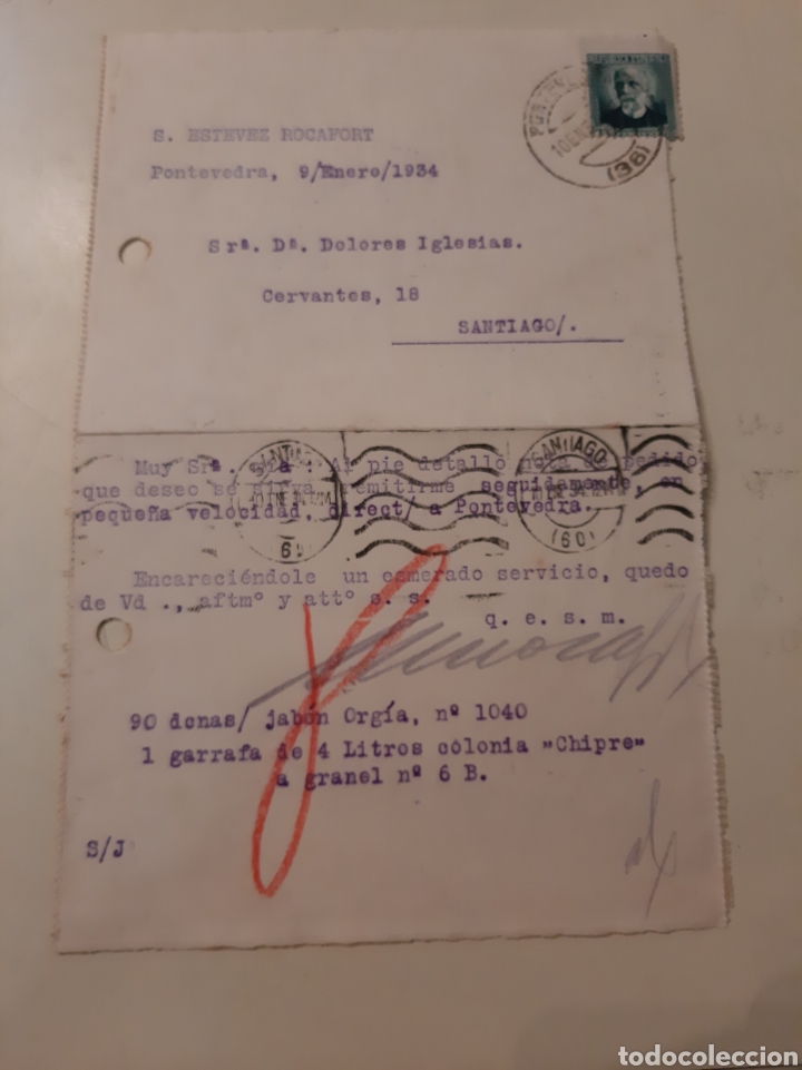 Coleccionismo: 1934 Pontevedra Est&eacute;vez Rocafort pedido Jabon Org&iacute;a Colonia chipre