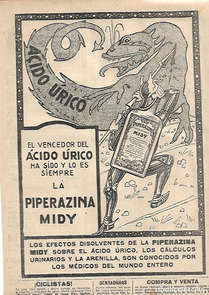 Collectionnisme: A&Ntilde;O 1924 RECORTE PRENSA PUBLICIDAD ACIDO URICO PIPERAZINA MIDY