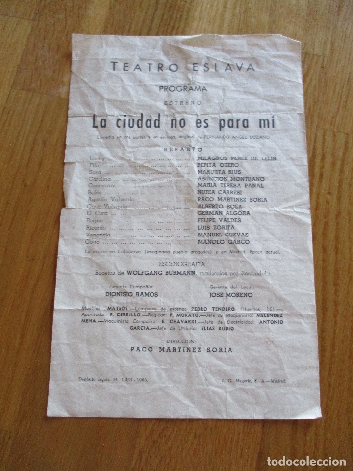 Coleccionismo: Programa de teatro. Teatro Eslava. La ciudad no es para mi. Paco Martinez Soria.