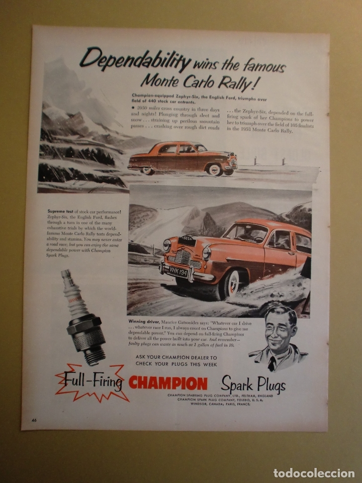 Coleccionismo: FORD ZEPHIR-SIX CAMPEON RALLY MONTE CARLO CON BUJIAS CHAMPIONS - 13 JULIO 1953