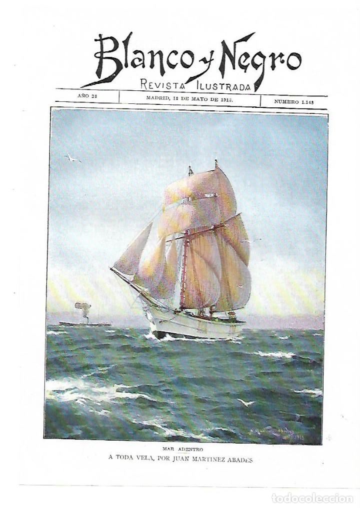 Collectionnisme: A&Ntilde;O 1913 RECORTE PRENSA DIBUJO A COLOR A TODA VELA POR JUAN MARTINEZ ABADES