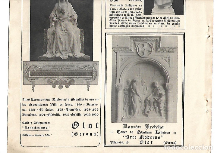 Coleccionismo: A&Ntilde;O 1939 PUBLICIDAD RAMON BRETCHA TALLER ESCULTURA RELIGIOSA ARTE MODERNO OLOT ARTE RELIGIOSO