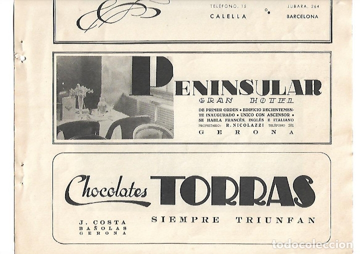 Collezionismo: A&Ntilde;O 1939 PUBLICIDAD GRAN HOTEL PENINSULAR GIRONA CHOCOLATES TORRAS COSTA BA&Ntilde;OLAS BANYOLES GERONA