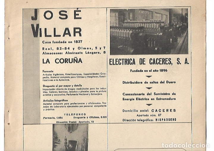 Collezionismo: A&Ntilde;O 1939 PUBLICIDAD JOSE VILLAR LA CORU&Ntilde;A ELECTRICA DE CACERES DISTRIBUIDORA SALTOS DEL DUERO