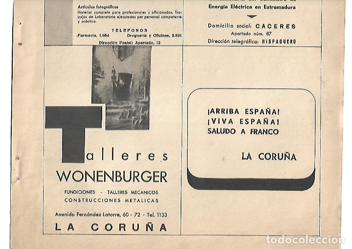 Coleccionismo: A&Ntilde;O 1939 PUBLICIDAD TALLERES WONENBURGER LA CORU&Ntilde;A FUNDICION TALLER MECANICO CONSTRUCCIONES