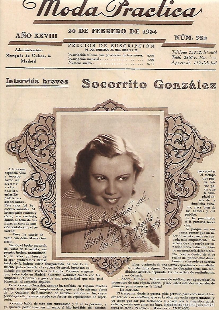 Coleccionismo: A&Ntilde;O 1934 RECORTE PRENSA TEATRO SOCORRO SOCORRITO GONZALEZ ARTISTA ACTRIZ
