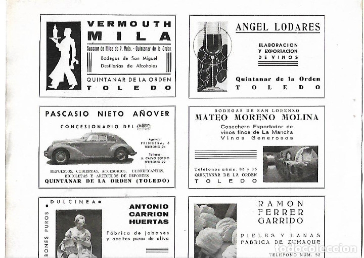 Collezionismo: A&Ntilde;O 1939 PUBLICIDAD BEBIDAS VERMOUTH MILA ANGEL LODARES VINO QUINTANAR DE LA ORDEN TOLEDO