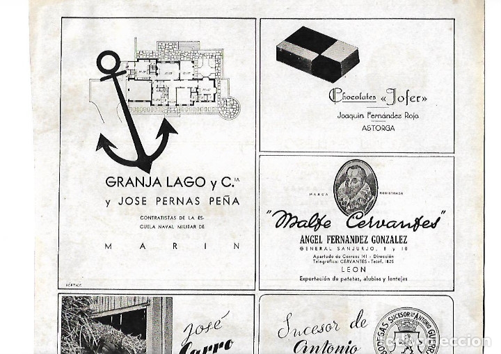 Coleccionismo: A&Ntilde;O 1940 PUBLICIDAD GRANJA LAGO MARIN CHOCOLATES JOFER ASTORGA MALFE CERVANTES LEON PATATAS