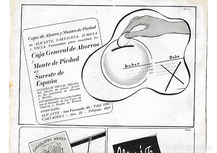 Coleccionismo: A&Ntilde;O 1940 PUBLICIDAD ALICANTE CARTAGENA CAJA GENERAL DE AHORROS MONTE DE PIEDAD SURESTE ESPA&Ntilde;A