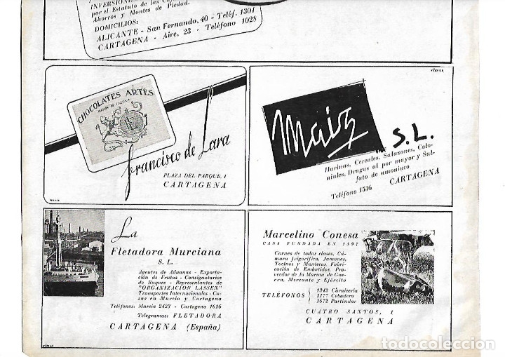 Coleccionismo: A&Ntilde;O 1940 PUBLICIDAD CARTAGENA CHOCOLATES ARTES FRANCISCO DE LARA MAIZ S.L.HARINAS CEREALES
