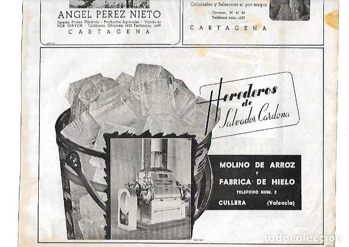 Collezionismo: A&Ntilde;O 1940 PUBLICIDAD CULLERA VALENCIA HEREDEROS SALVADOR CARDONA MOLINO DE ARROZ FABRICA DE HIELO