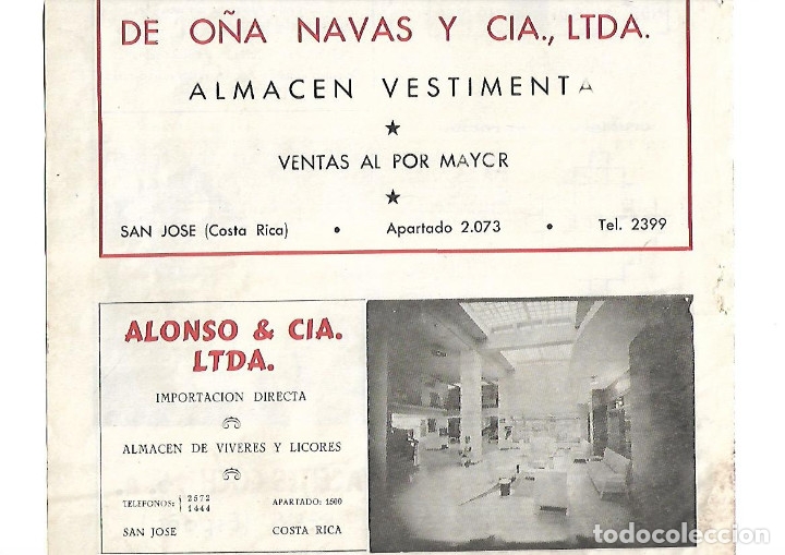 Coleccionismo: A&Ntilde;O 1959 PUBLICIDAD ALONSO Y COMPA&Ntilde;IA LTDA SAN JOSE COSTA RICA ALMACEN VIVERES LICORES