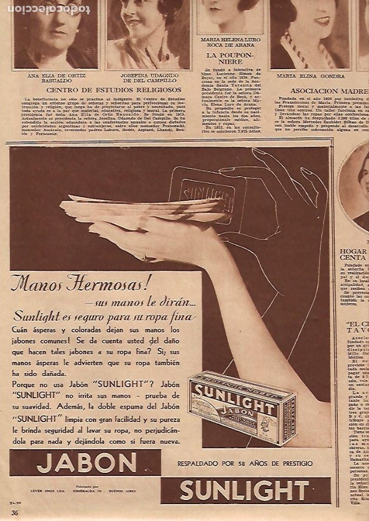Colecionismo: A&Ntilde;O 1934 RECORTE PRENSA PUBLICIDAD JABON SUNLIGHT LEVER HERMANOS BUENOS AIRES LAVADO ROPA