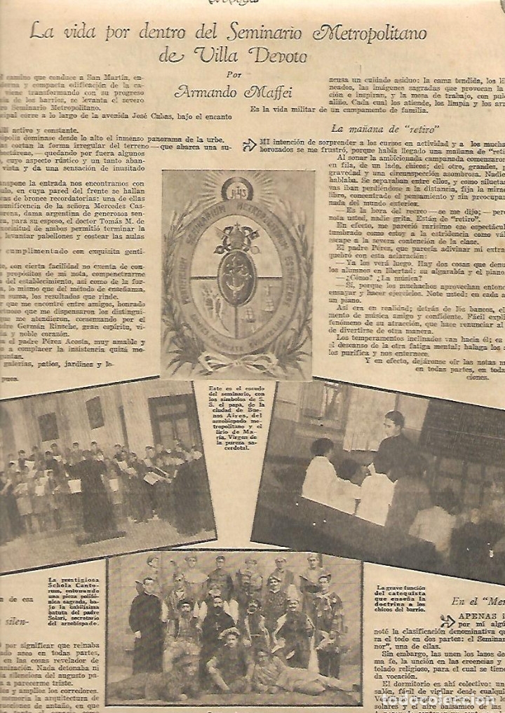 Collezionismo: A&Ntilde;O 1934 RECORTE PRENSA SEMINARIO METROPOLITANO VILLA DEVOTO LA VIDA POR DENTRO RELIGION ARGENTINA