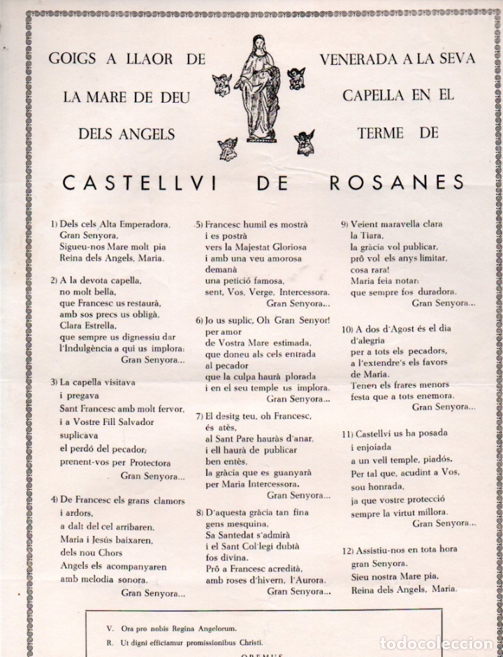 Collezionismo: GOIGS A LLAOR DE LA MARE DE D&Eacute;U DELS &Agrave;NGELS, CASTELLV&Iacute; DE ROSANES