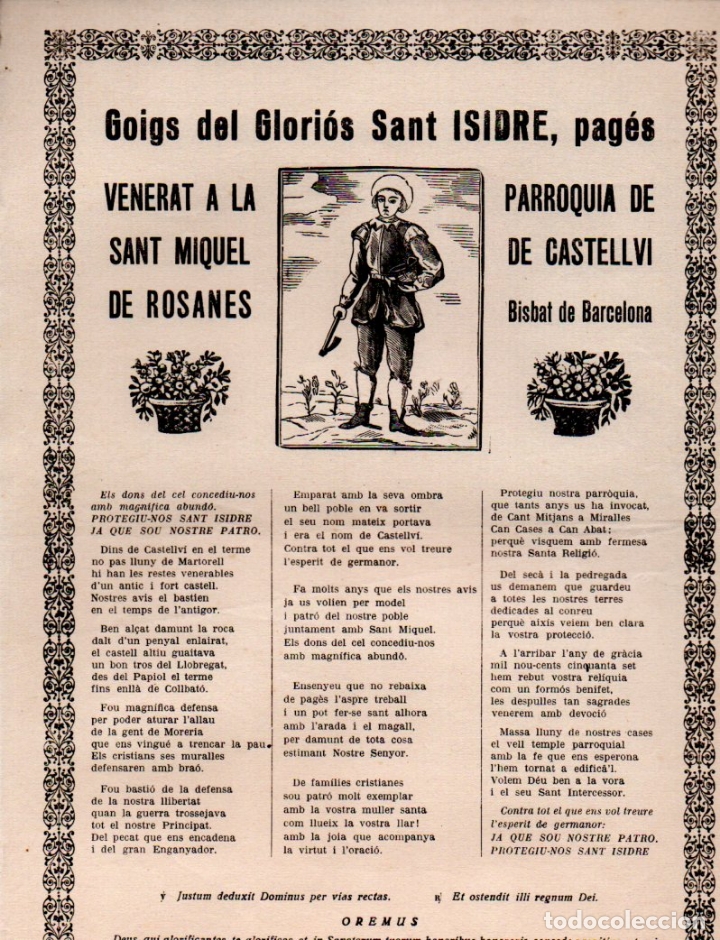 Collezionismo: GOIGS DEL GLORI&Oacute;S SANT ISIDRE PAG&Eacute;S, PARR&Ograve;QUIA SANT MIQUEL, CASTELLV&Iacute; DE ROSANES (H. DE LA VDA. PLA)
