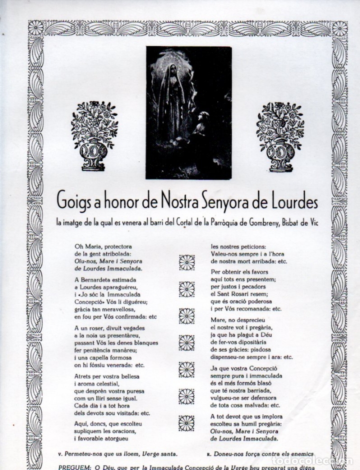 Collezionismo: GOIGS A HONOR DE NOSTRA SENYORA DE LOURDES - GOMBRENY (IMP. BONET, 1967)