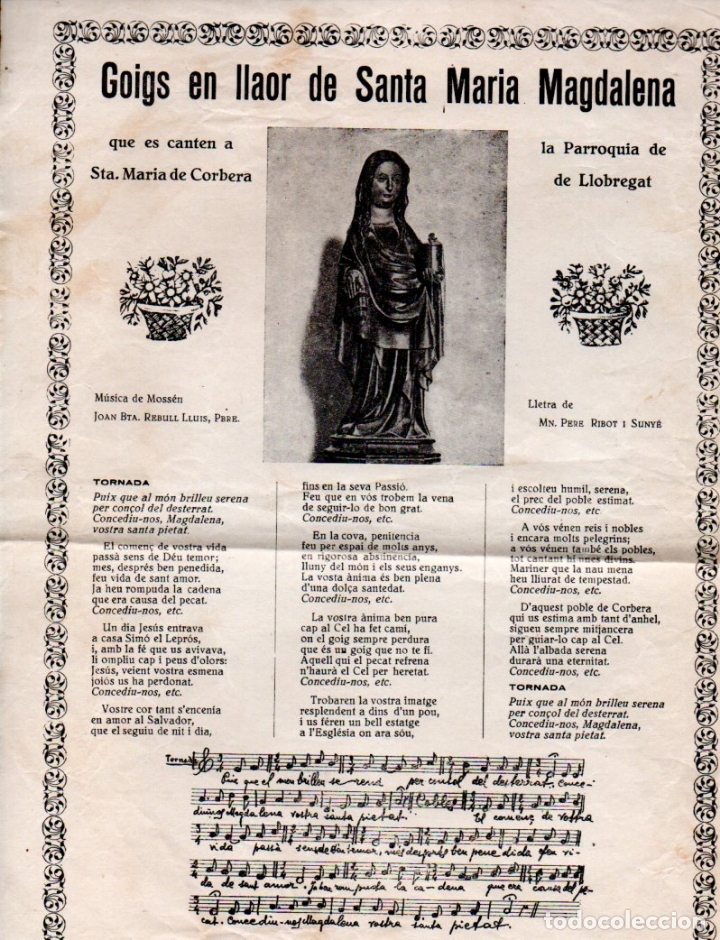 Collezionismo: GOIGS EN LLAOR DE SANTA MARIA MAGDALENA - CORBERA DE LLOBREGAT (IMP. H. VDA PLA)