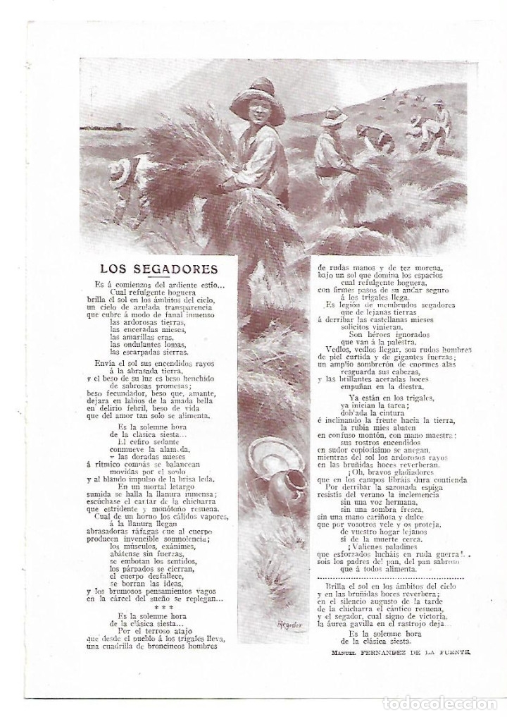 Collectionnisme: A&Ntilde;O 1913 RECORTE PRENSA POESIA LOS SEGADORES POR MANUEL FERNANDEZ DE LA FUENTE DIBUJO REGIDOR