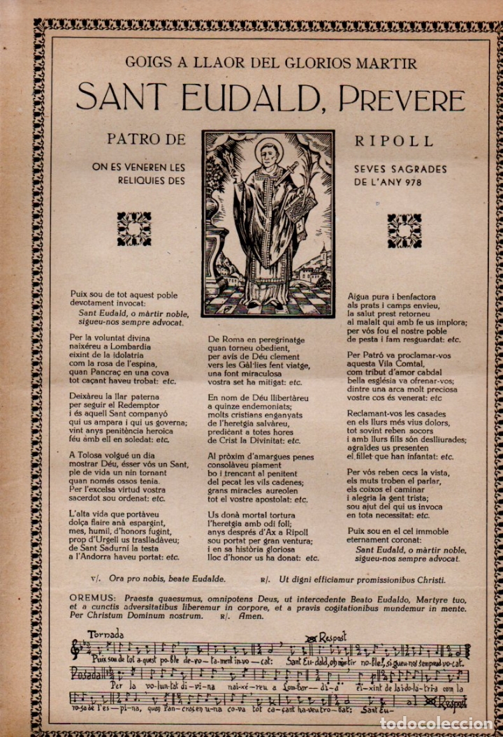Collezionismo: GOIGS A LLAOR DE SANT EUDALD PREVERE, PATR&Oacute; DE RIPOLL (IMP. BONET, 1957)