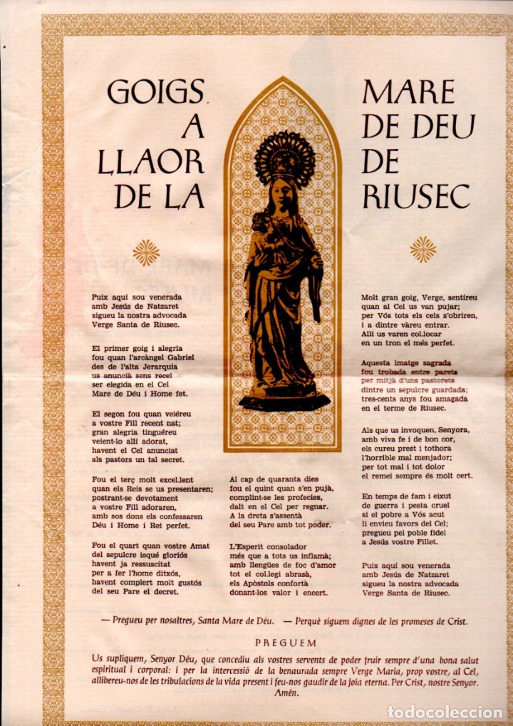 Collezionismo: GOIGS A LLAOR DE LA MARE DE D&Eacute;U DE RIUSEC (IMP. UNIGRAF, 1974)