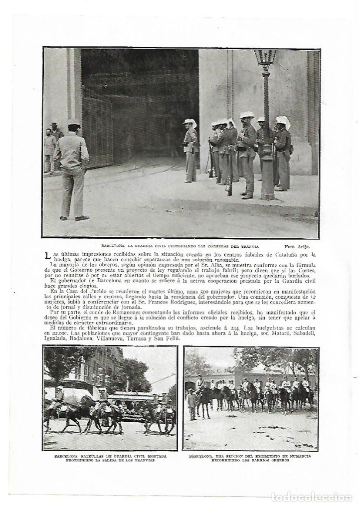 Collezionismo: A&Ntilde;O 1913 RECORTE PRENSA BARCELONA GUARDIA CIVIL CUSTODIANDO COCHERAS TRANVIAS REGIMIENTO NUMANCIA