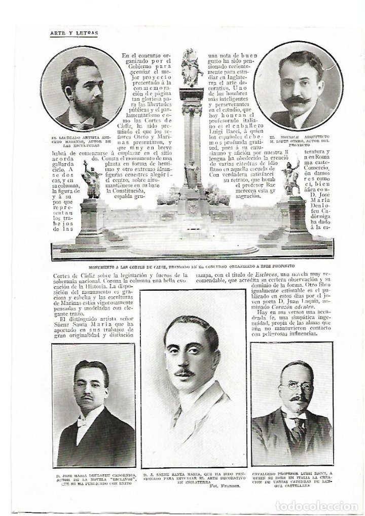 Coleccionismo: &Ntilde;O 1913 RECORTE PRENSA MONUMENTO A LAS CORTES DE CADIZ GANADOR CONCURSO ANICETO MARINAS ARQUITECTURA