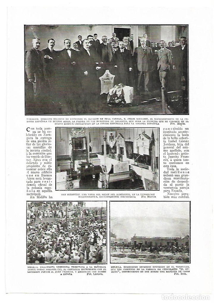 Collectionnisme: A&Ntilde;O 1913  ZARAGOZA ENTREGA PIEDRA DE LA MURALLA PARA RECONSTRUIRLA EN BUENOS AIRES COLONIA ESPA&Ntilde;OLA
