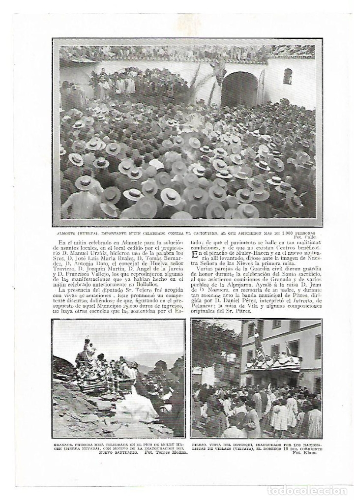 Collecting paper: A&Ntilde;O 1913 RECORTE PRENSA ALMONTE HUELVA FOTOGRAFIA MITIN CONTRA EL CACIQUISMO