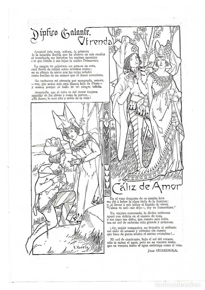 Collectionnisme: A&Ntilde;O 1913 RECORTE PRENSA POESIA DIPTICO GALANTE OFRENDA CALIZ DE AMOR JUAN GUARDIOLA DIBUJO VARELA
