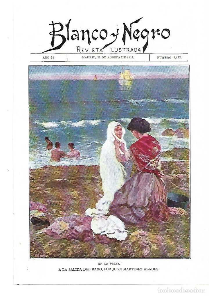 Collezionismo: A&Ntilde;O 1913 RECORTE PRENSA PINTURA DIBUJO REPRODUCCION PLAYA A LA SALIDA DEL BA&Ntilde;O JUAN MARTINEZ ABADES