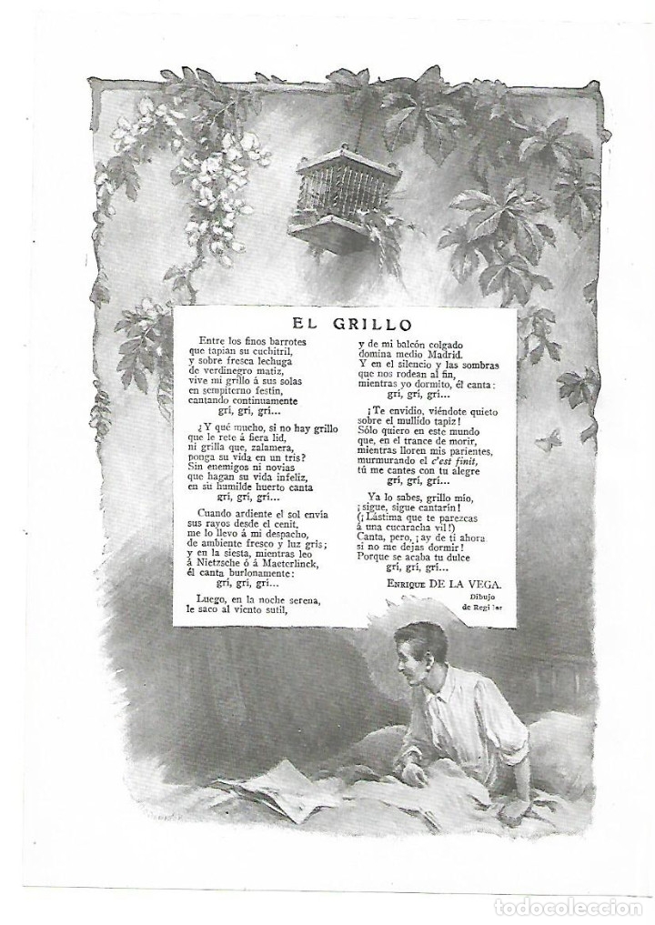 Sammelleidenschaft Papier: A&Ntilde;O 1913 RECORTE PRENSA POESIA EL GRILLO ENRIQUE DE LA VEGA DIBUJO REGIDOR ILUSTRACION